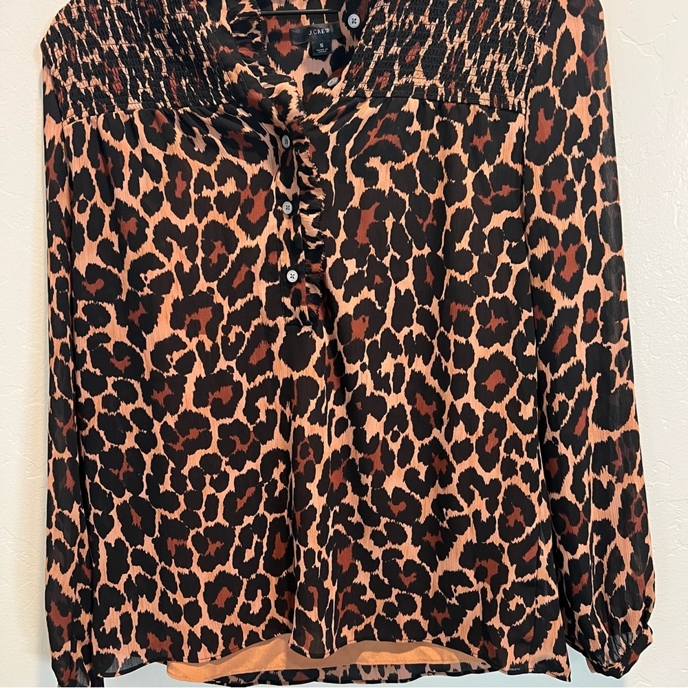 J.Crew Smocked Popover Top Leopard Crinkle Chiffon Blouse - Picture 2 of 8